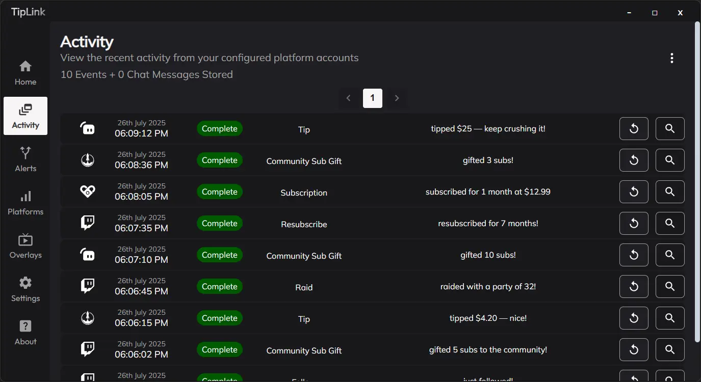 TipLink activity page showing recent streaming events